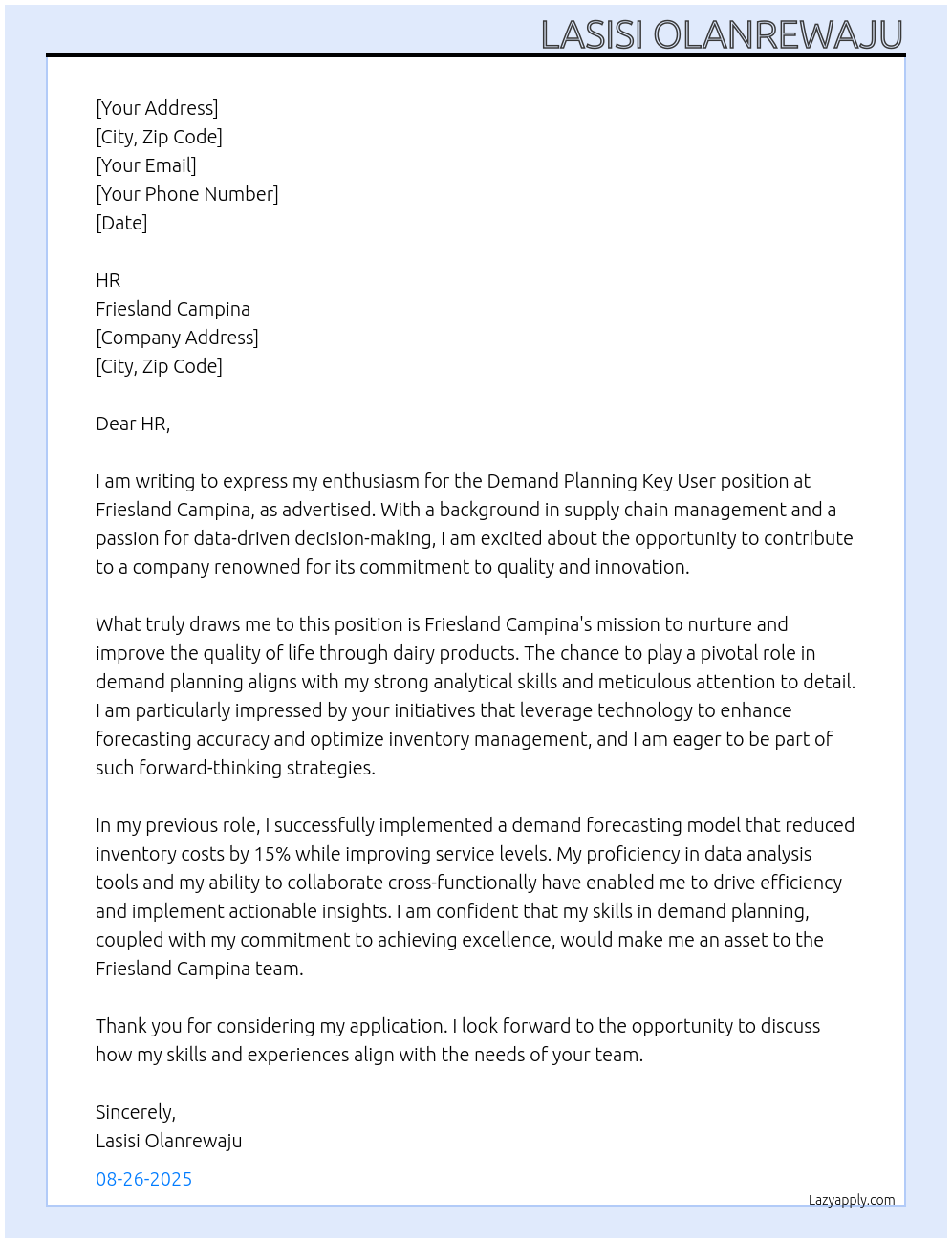Demand Planning Key User At friesland campina Cover Letter