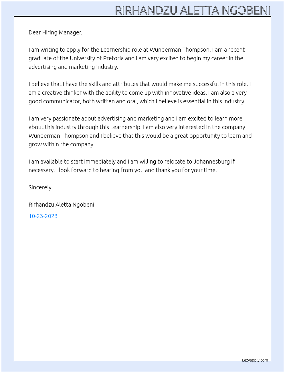 Learnship At Wunderman Thompson Cover Letter