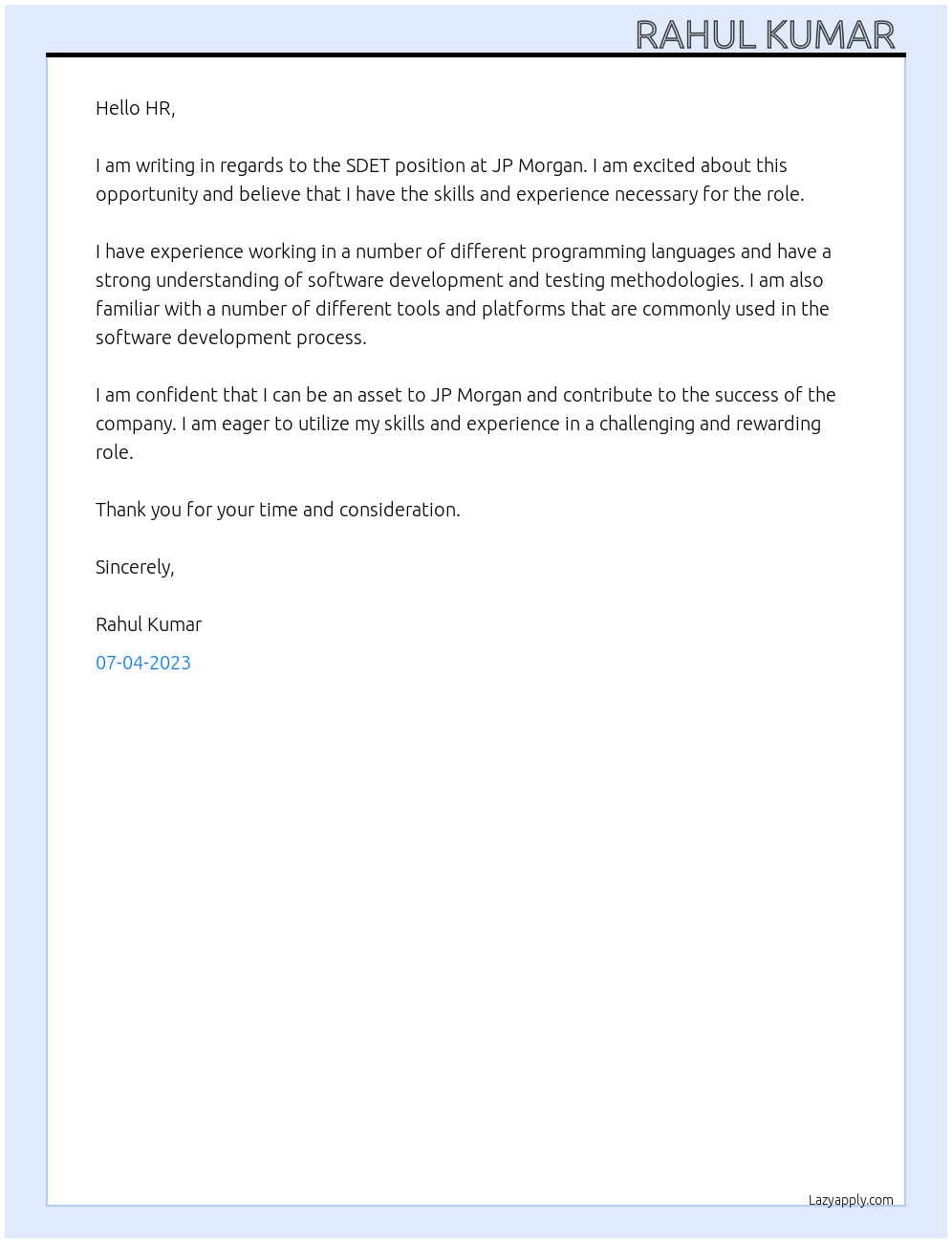 SDET At JP MORGAN Cover Letter