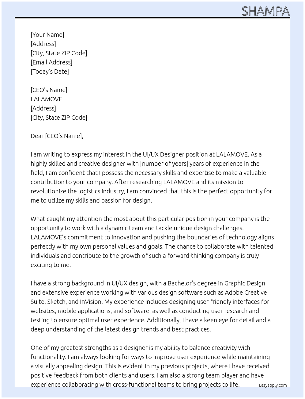 ui/ux designer At LALAMOVE Cover Letter
