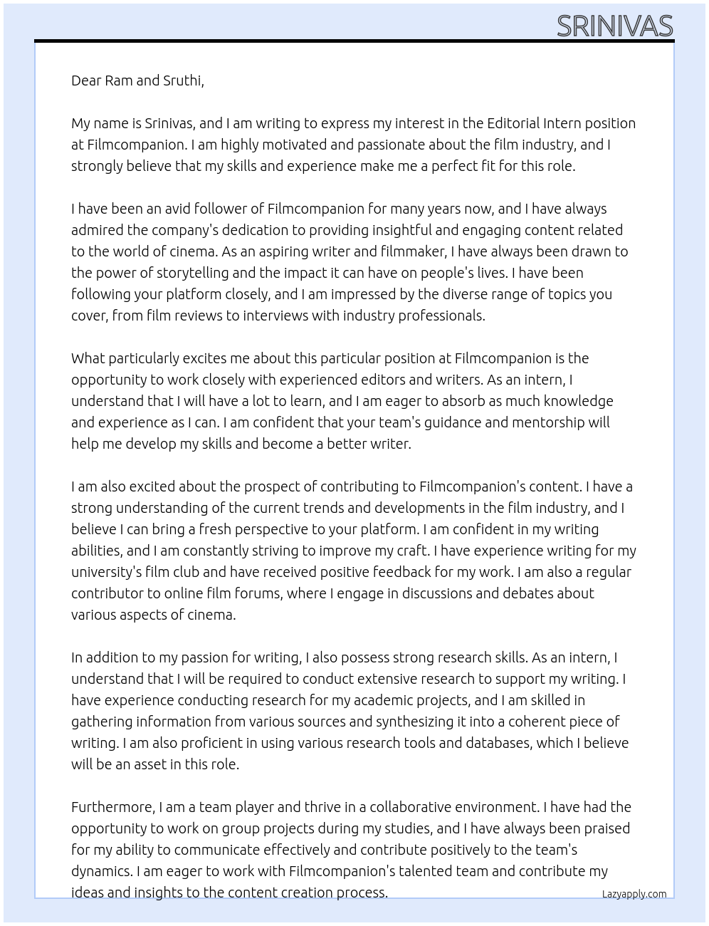 Editorial intern At Filmcompanion Cover Letter