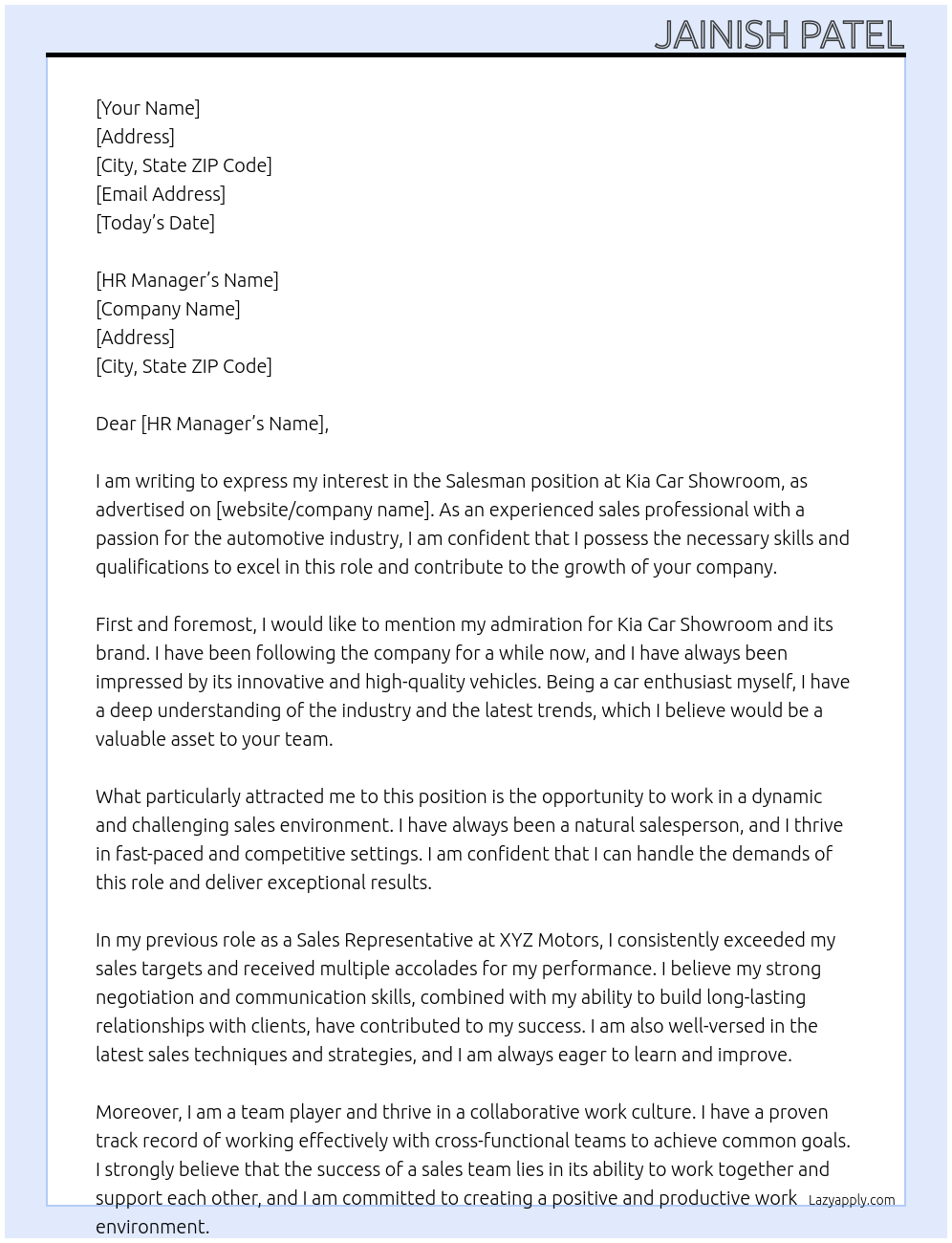 Salesman At Kia car show room Cover Letter