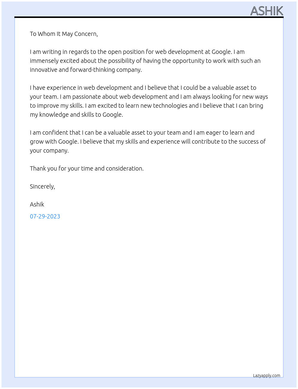 WEB DEVELOPMENT At GOOGLE Cover Letter