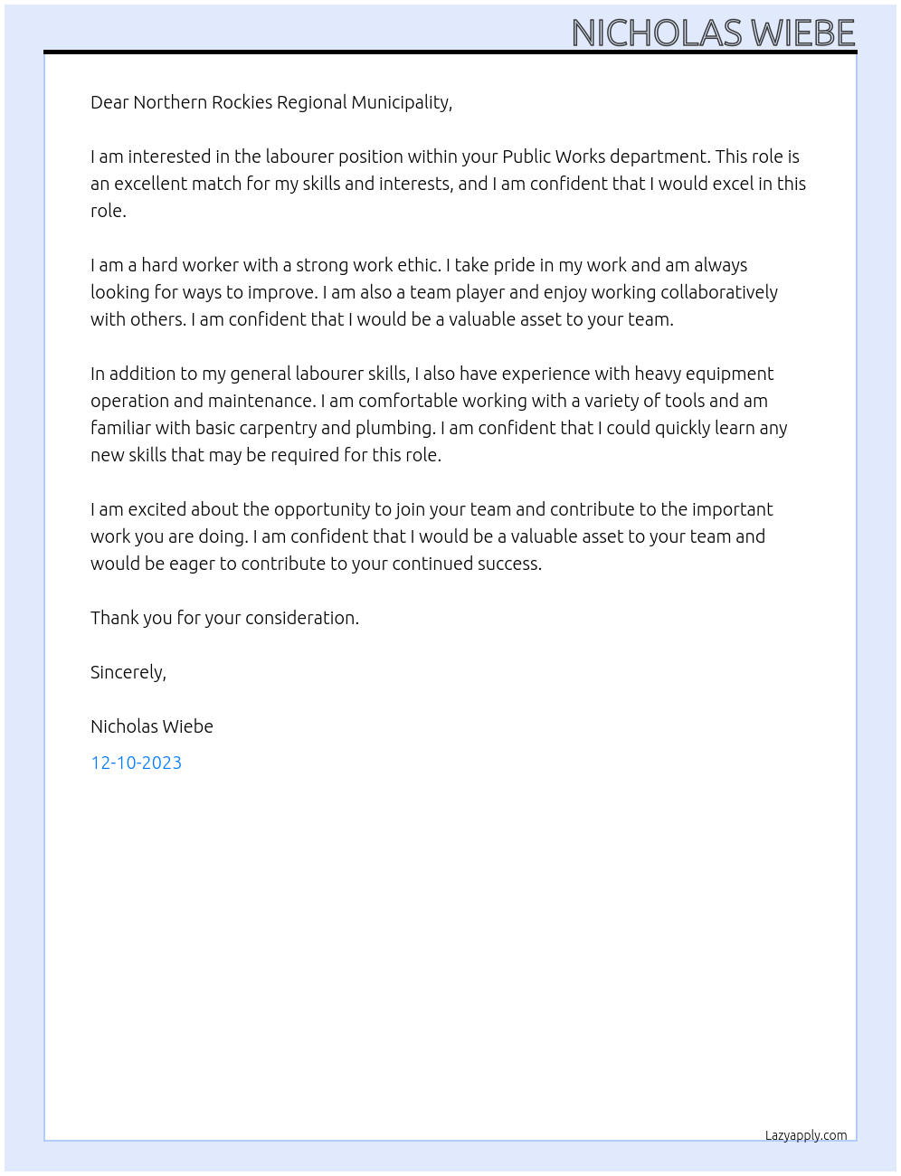 Labourer At Northern Rockies Regional Municipality-Public Works Cover Letter