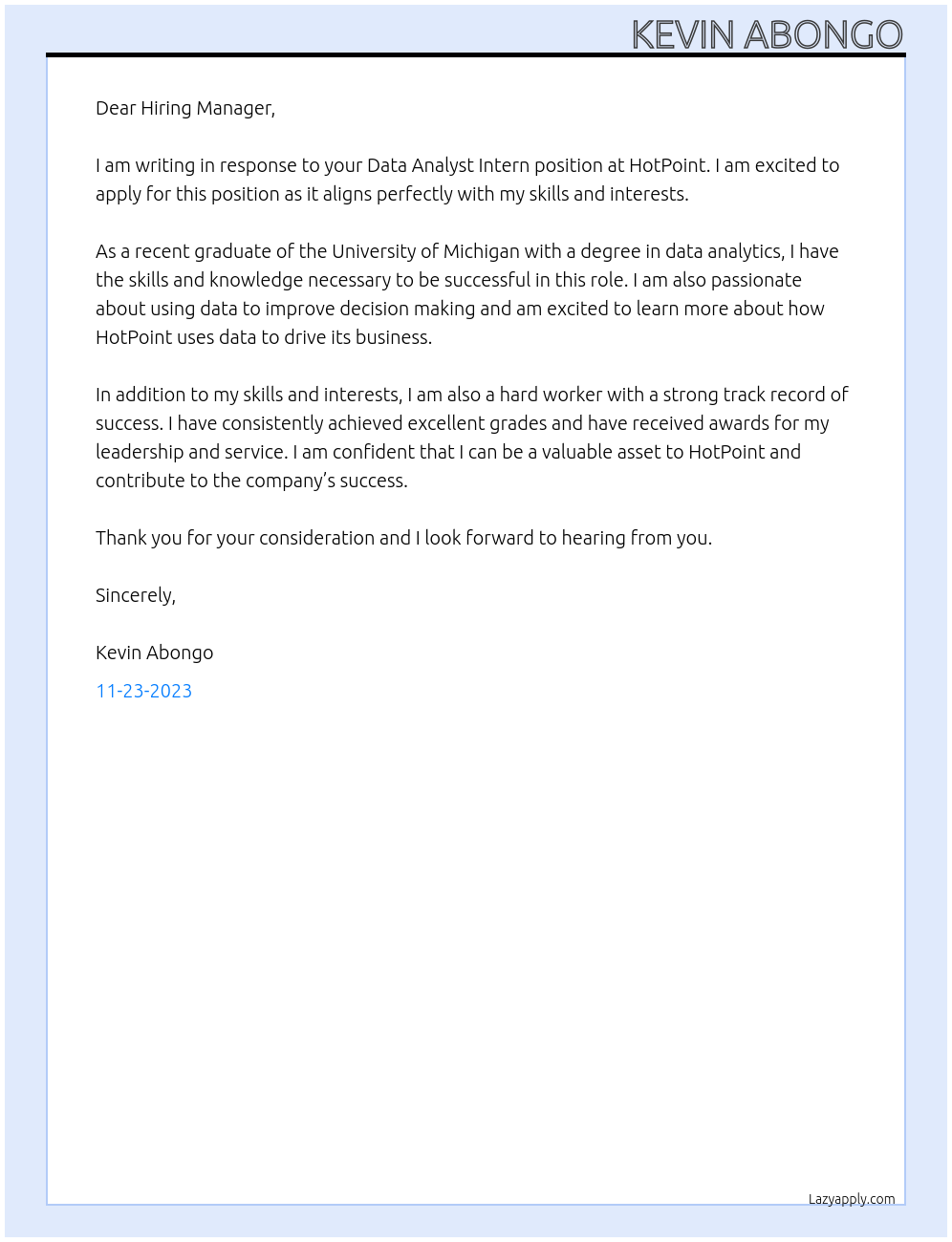 Data Analyst Intern At HotPoint Cover Letter