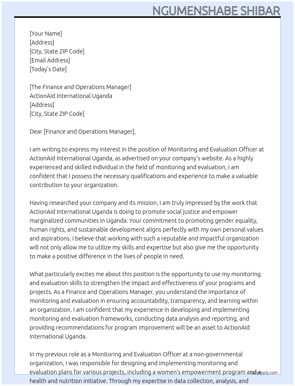 MONITORING AND EVALUATION At ActionAid International Uganda Cover Letter