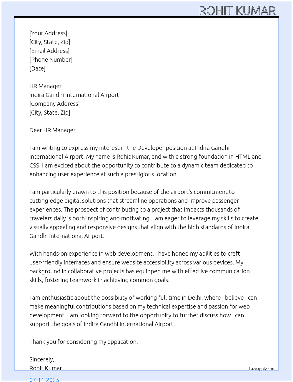 Developer At Indira Gandhi international airport Cover Letter