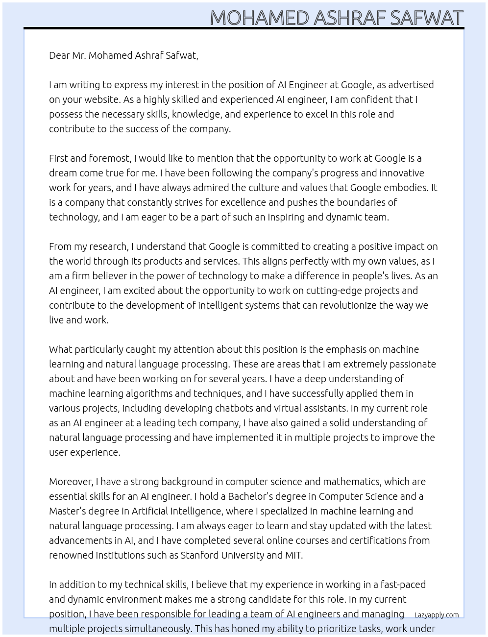 Ai enginner At GOOGLE Cover Letter