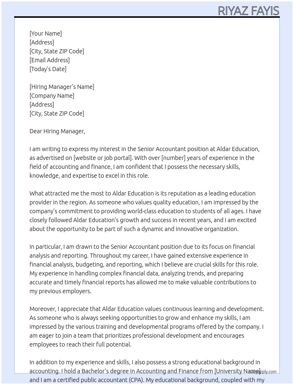 Senior Accountant At Aldar Education Cover Letter