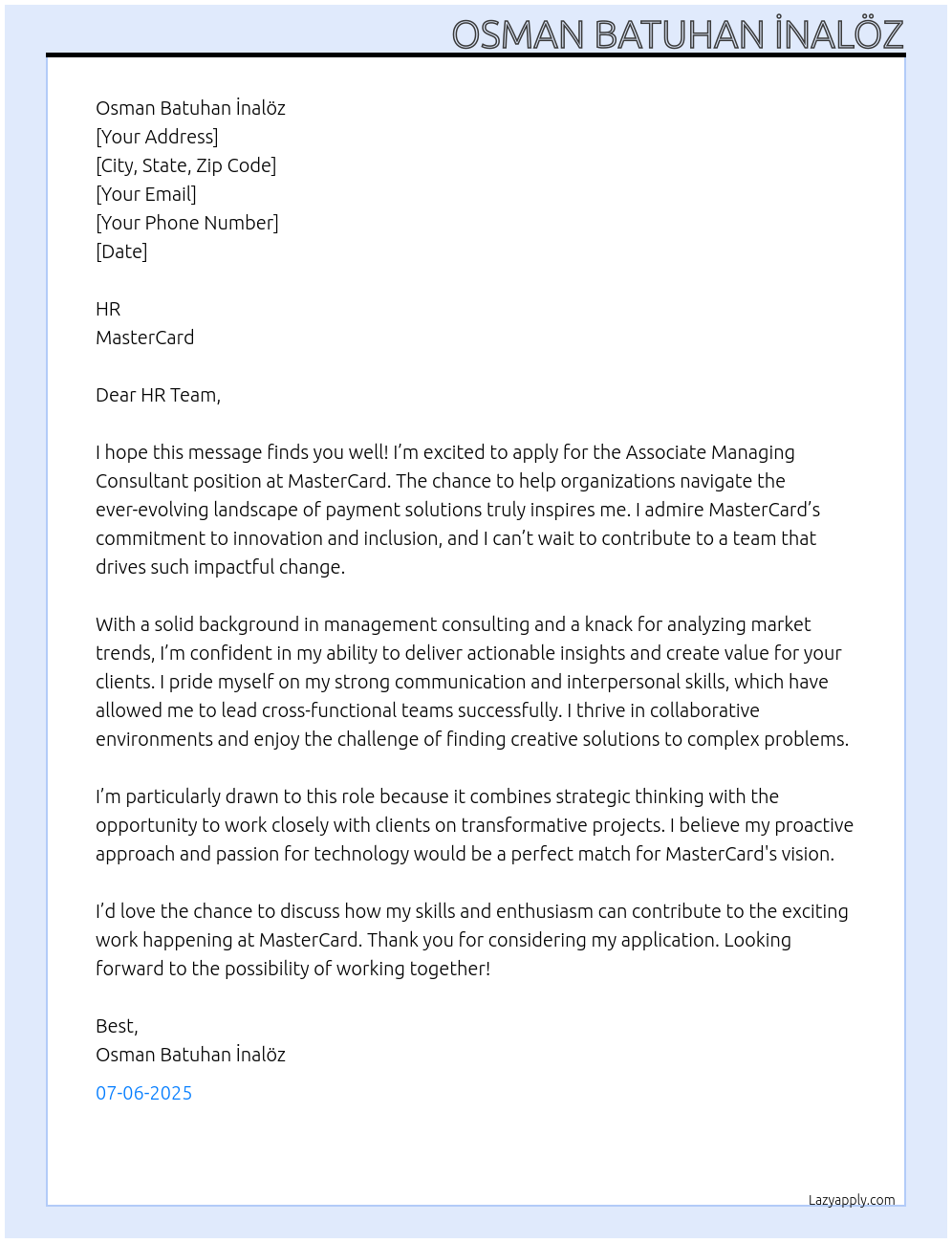 Associate Managing Consultant At MasterCard Cover Letter