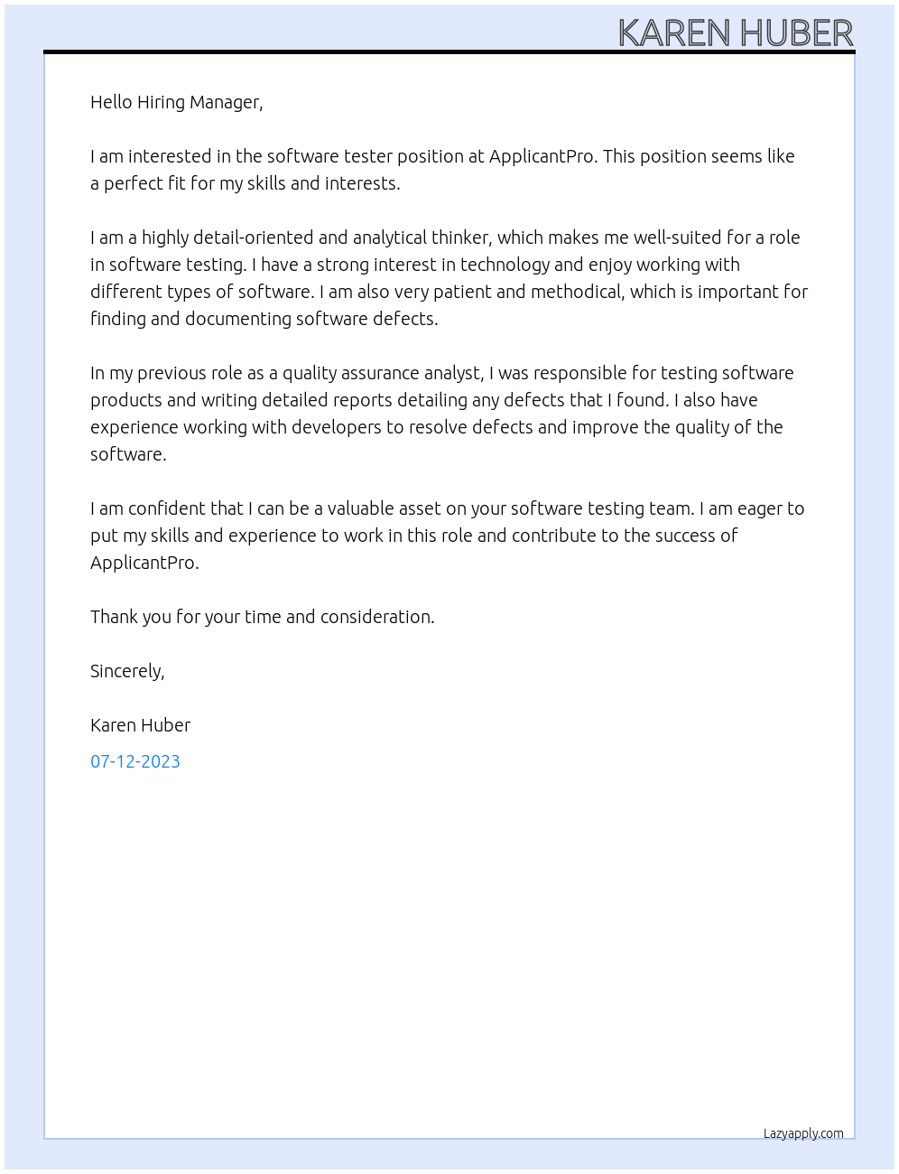 software tester At ApplicantPro Cover Letter