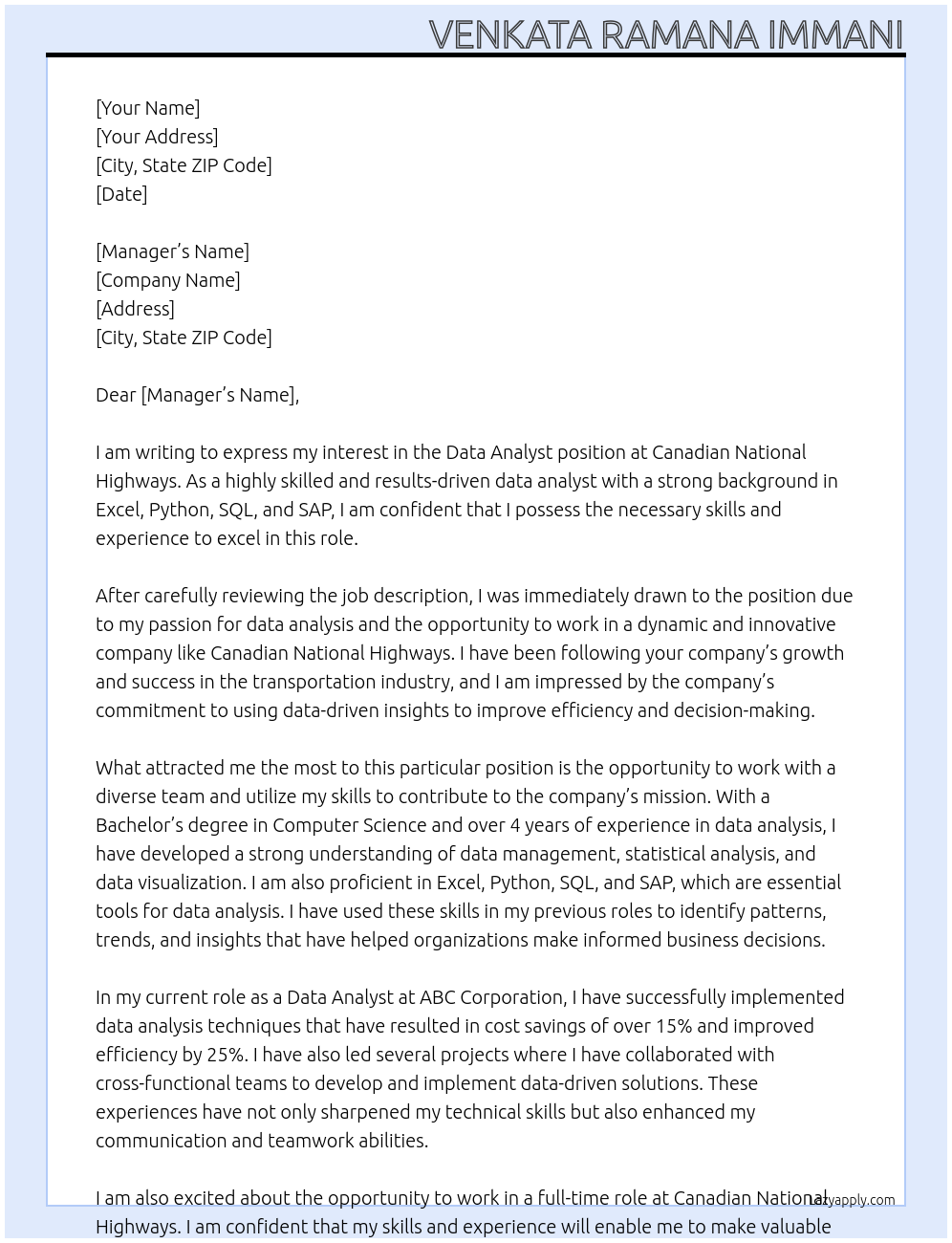 data analysr At Canadian National Highways Cover Letter