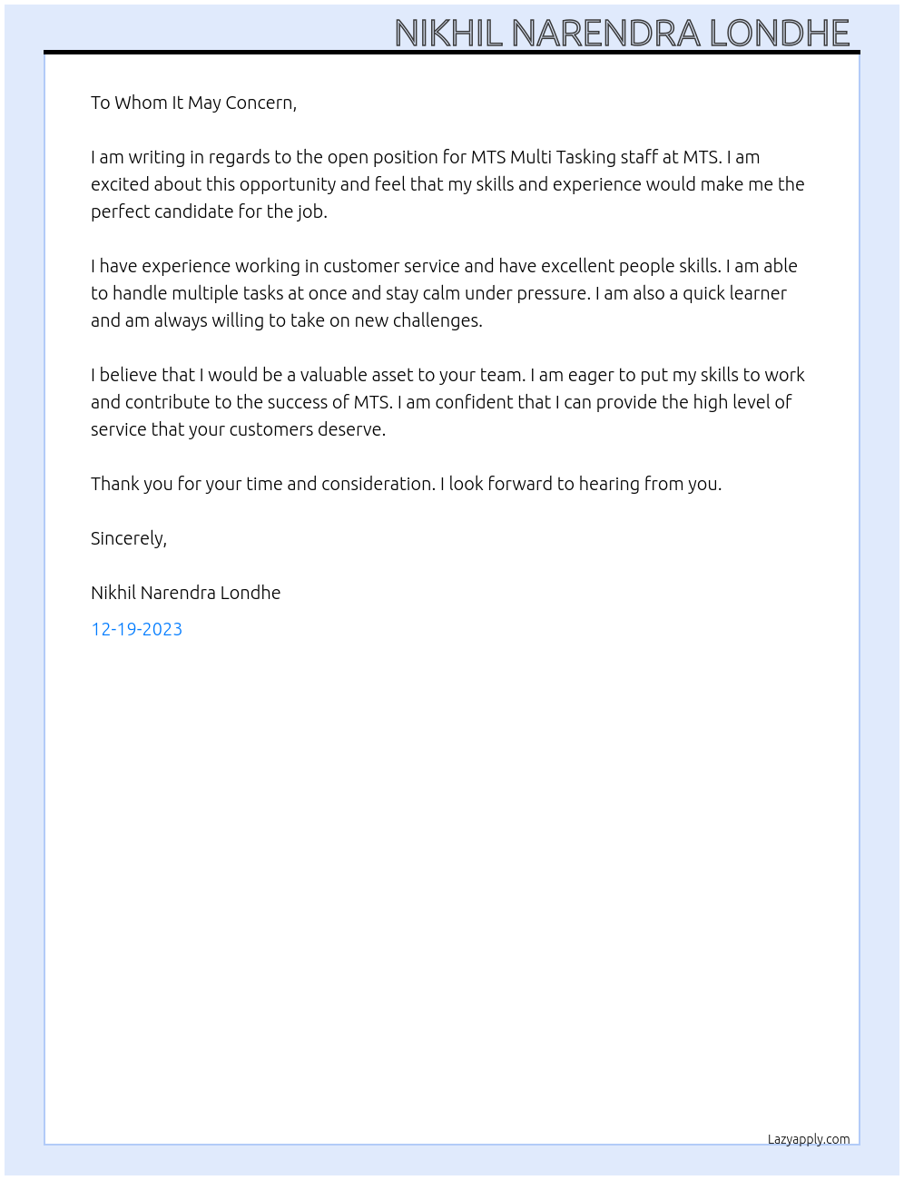 MTS Multi Tasking staff  At MTS Cover Letter