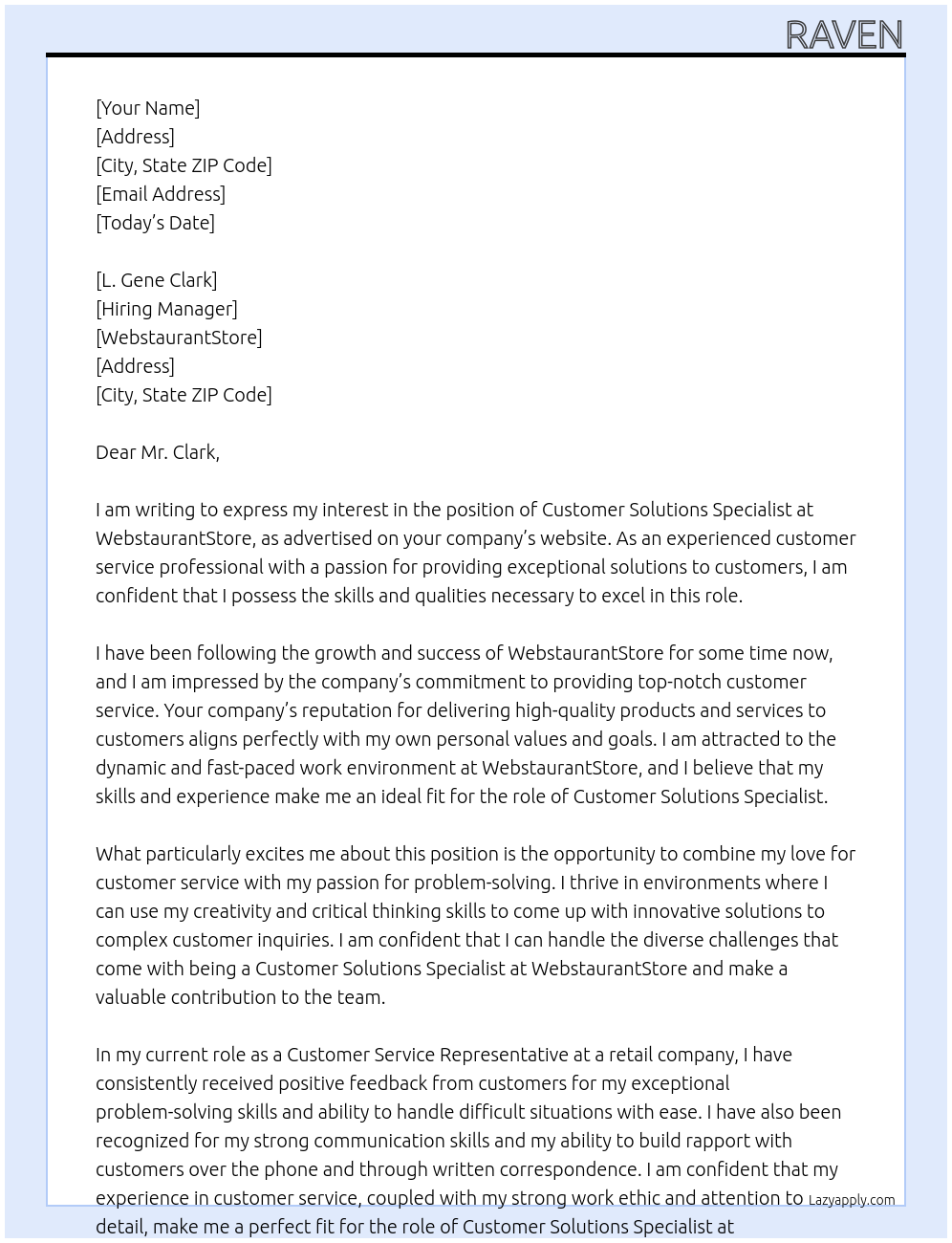 Customer Solutions Specialist At WebsturauntStore Cover Letter