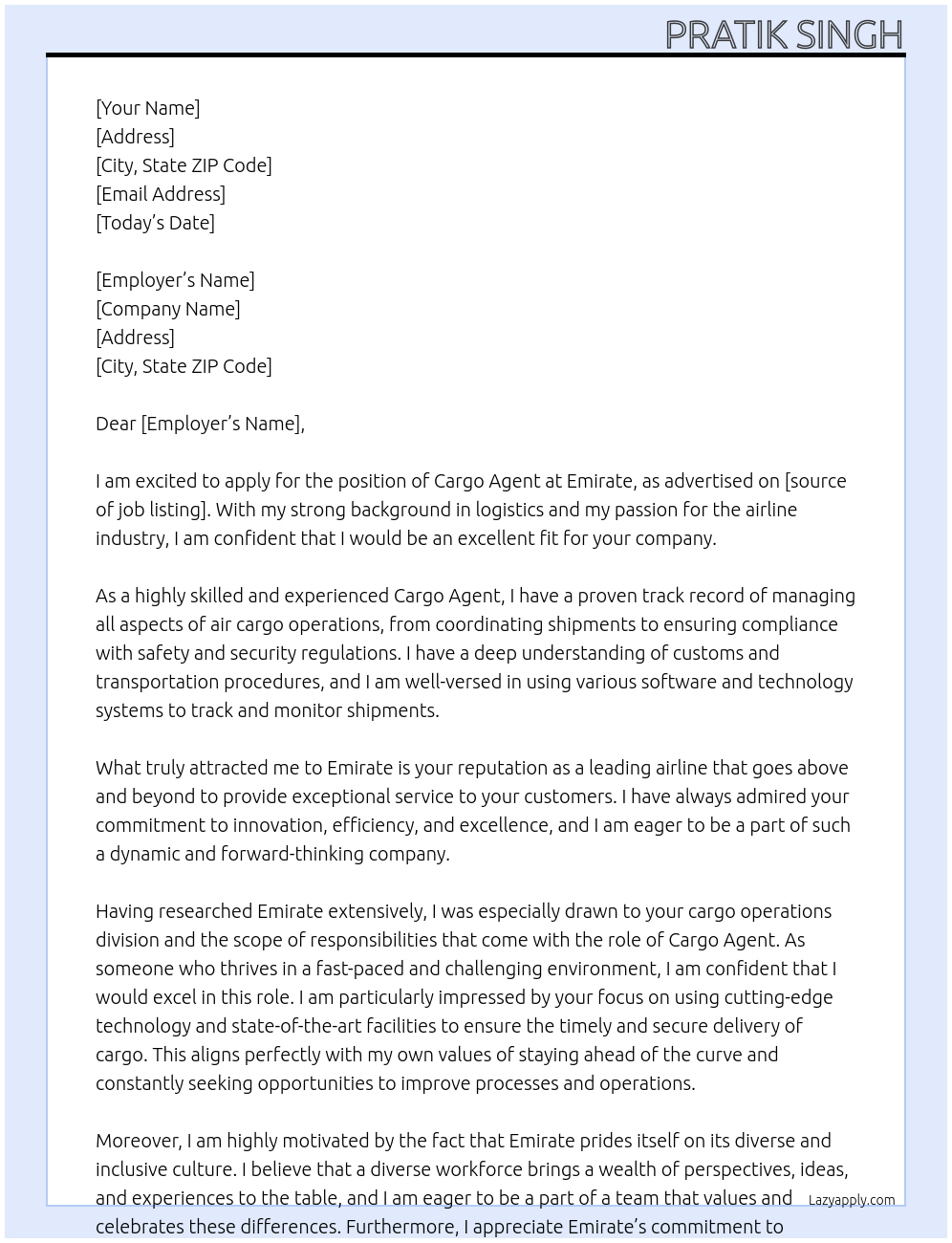 Cargo Agent At Emirate Cover Letter