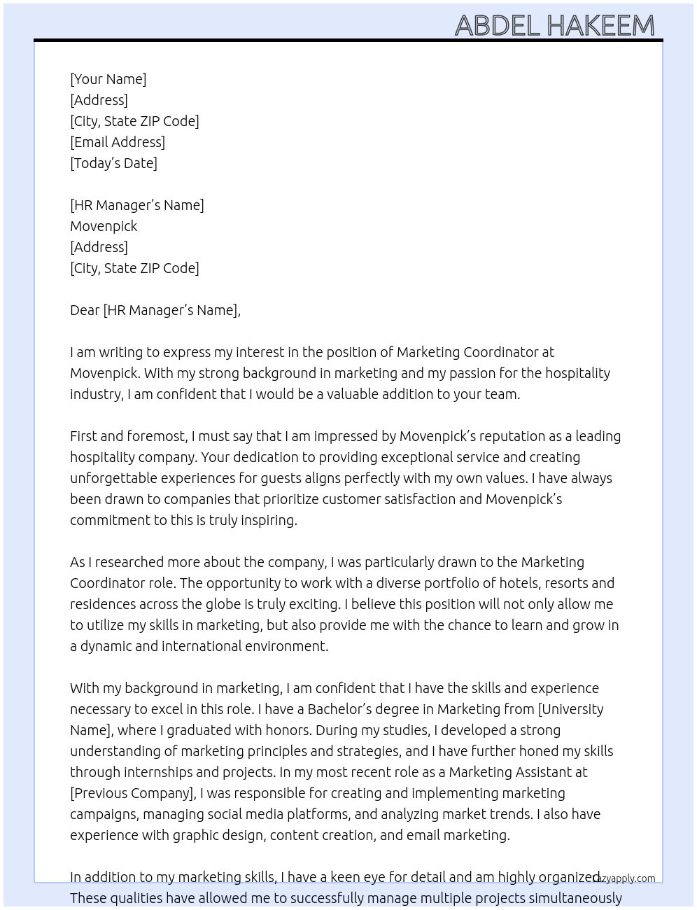 Marketing Coordinator At Movenpick Cover Letter