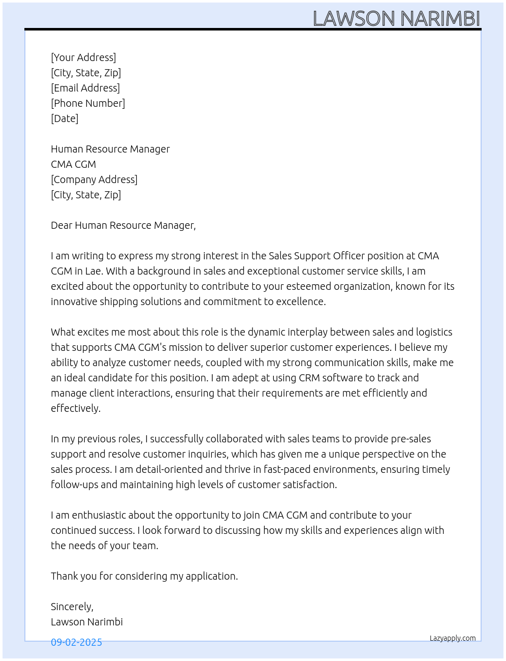 Sales Support Officer-Lae At CMA CGM Cover Letter