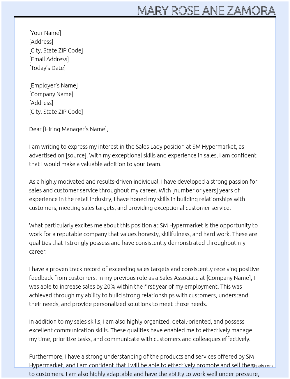 Sales lady At Sm hypermarket Cover Letter