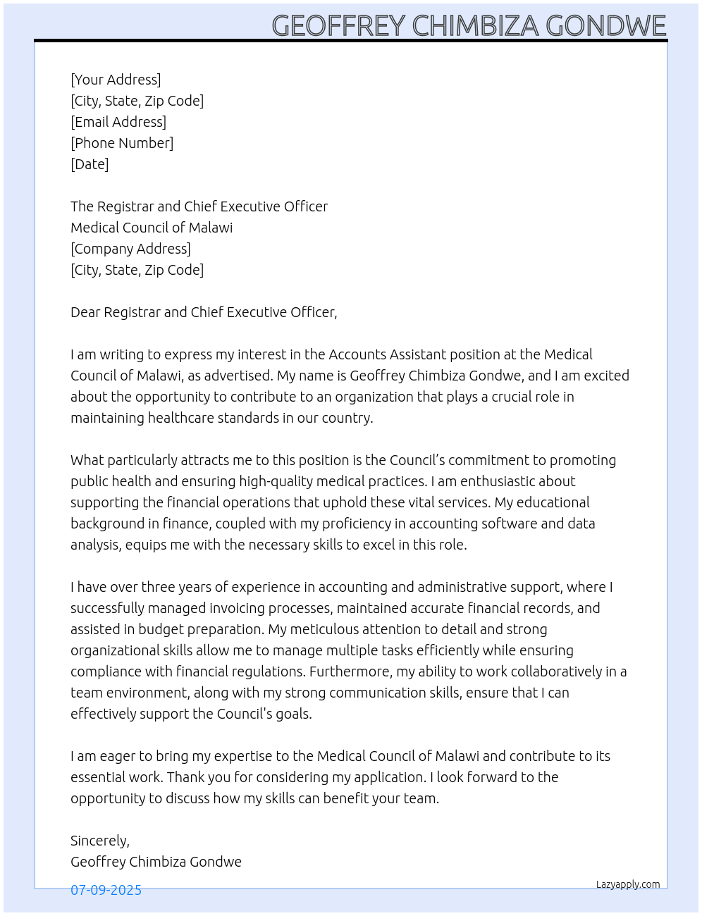 Accounts Assistant At Medical Council of Malawi Cover Letter