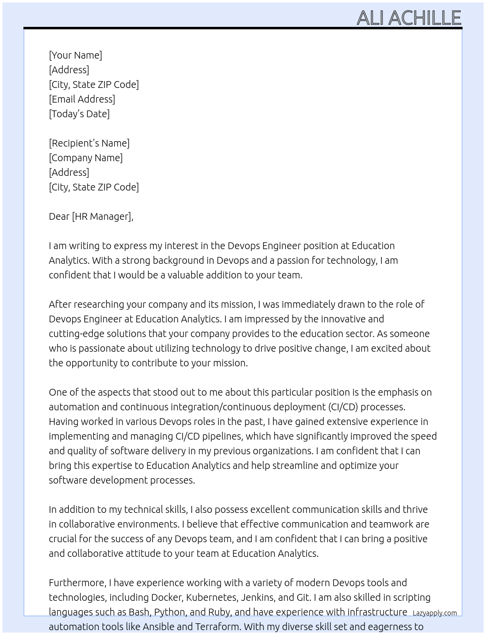 Devops Engineer At educations analytics Cover Letter