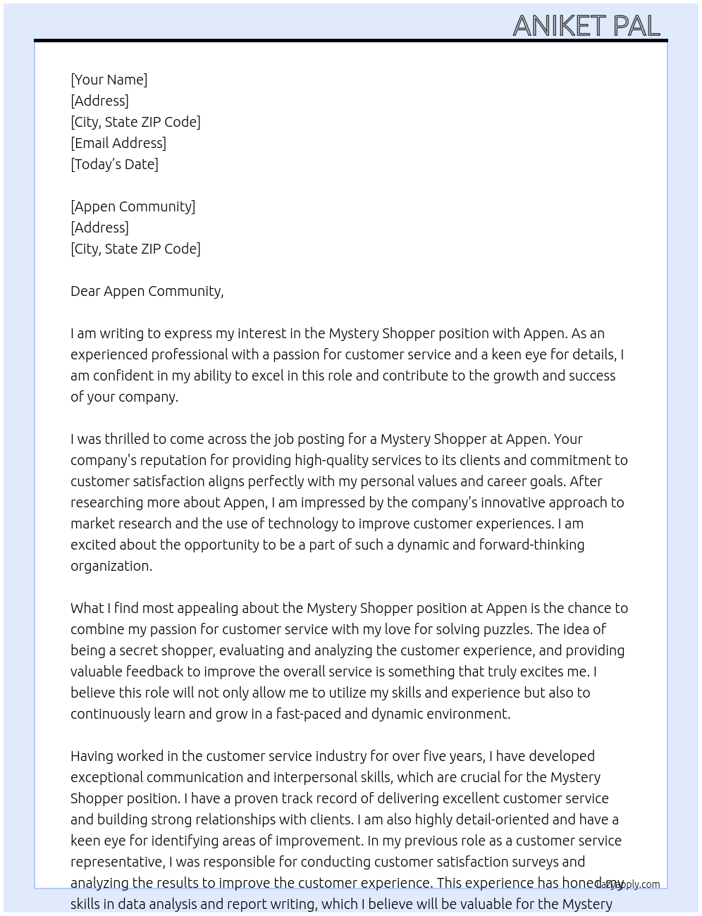 mystery shopper At Appen Cover Letter