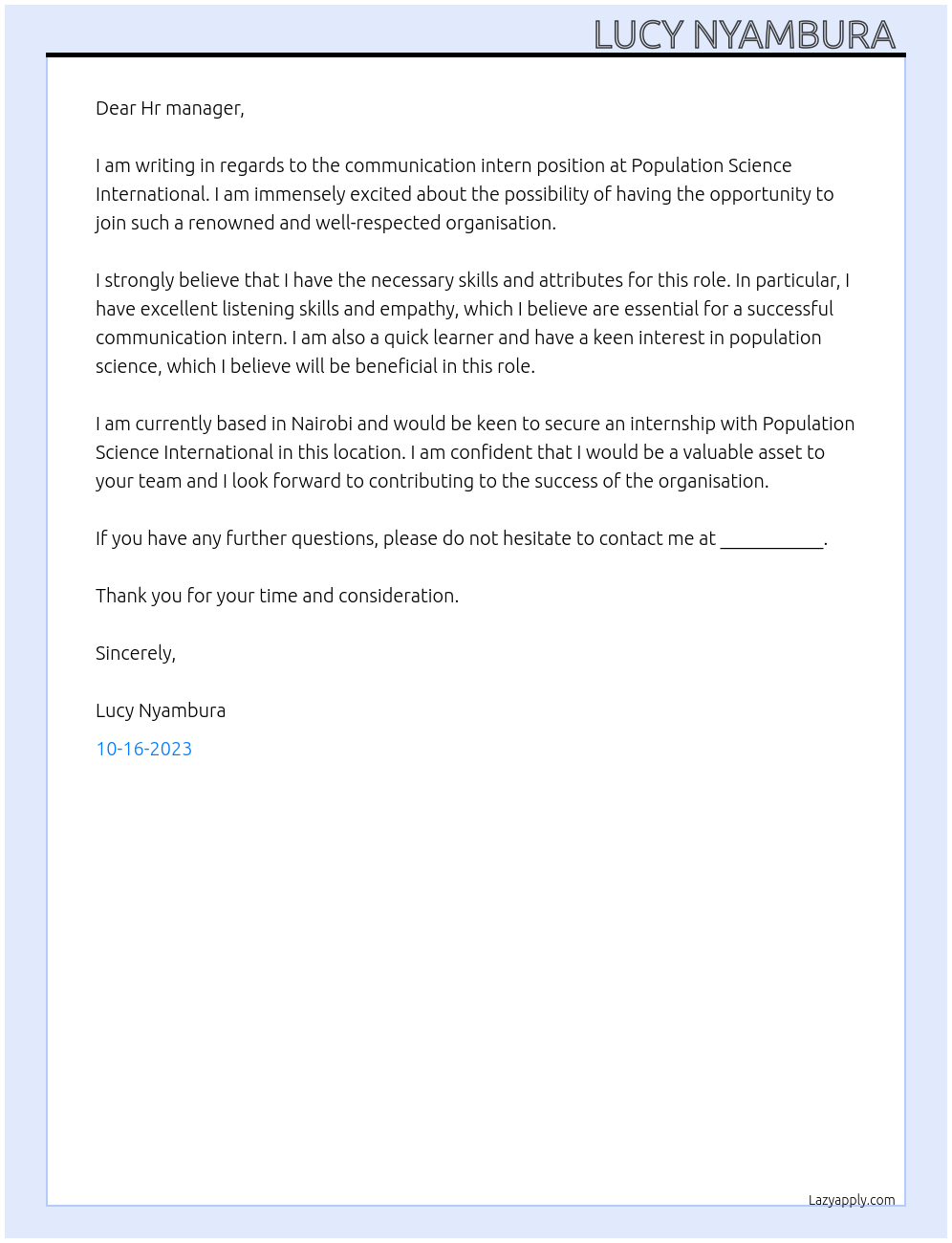 Communication intern At POPULATION SCIENCE INTERNATIONAL Cover Letter