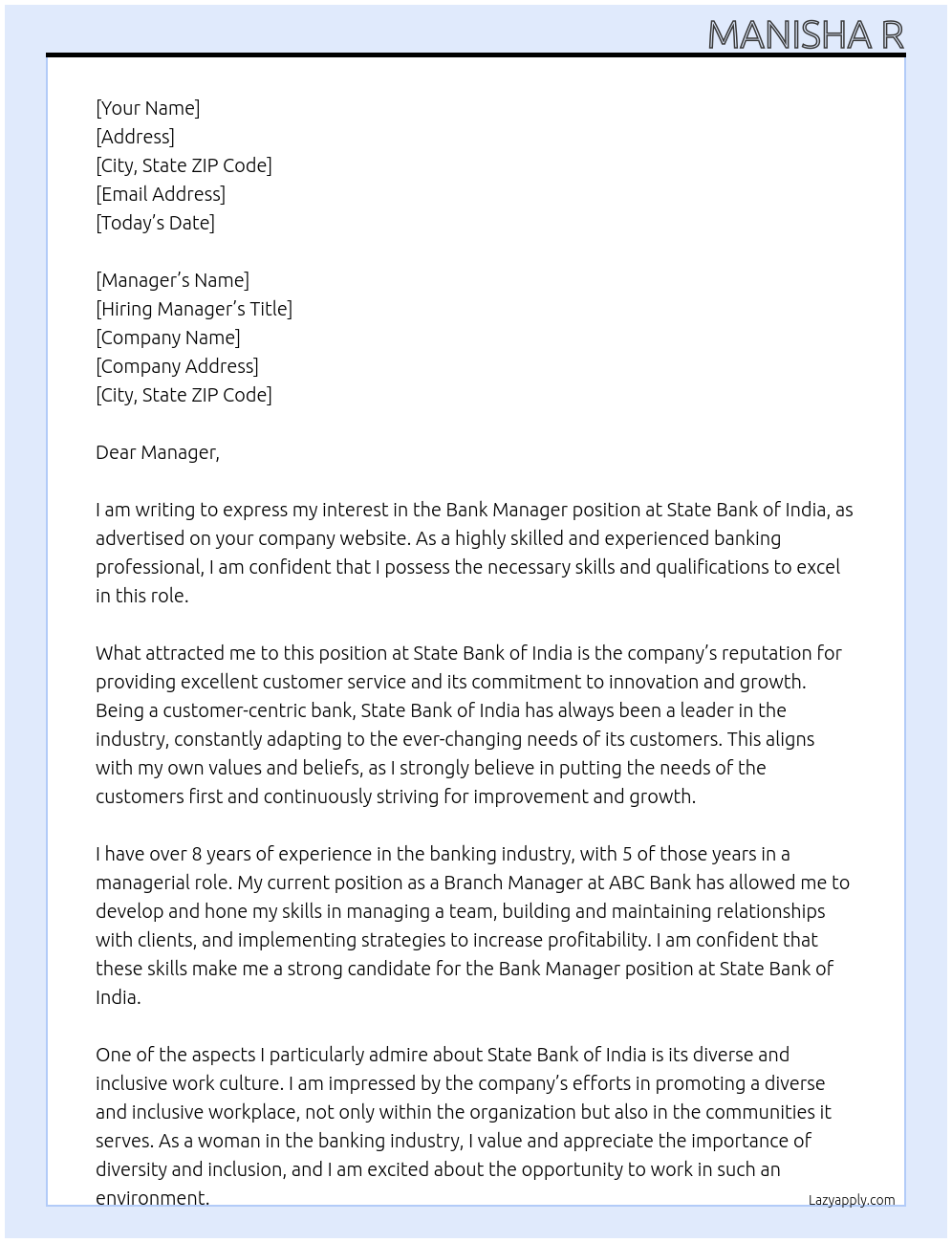 Bank manager  At State Bank of India  Cover Letter