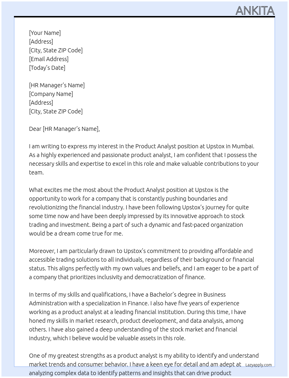 Product analyst At Upstox Cover Letter