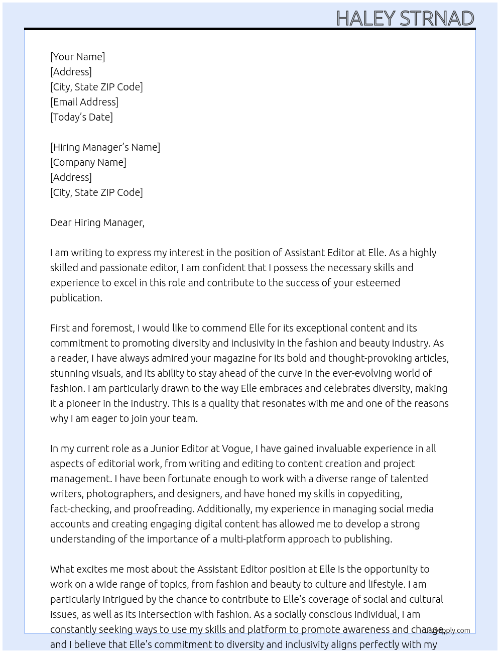Assistant Editor At Elle  Cover Letter