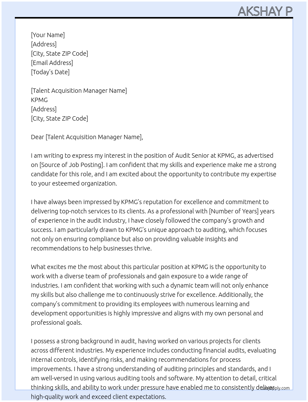 Audit Senior At KPMG Cover Letter