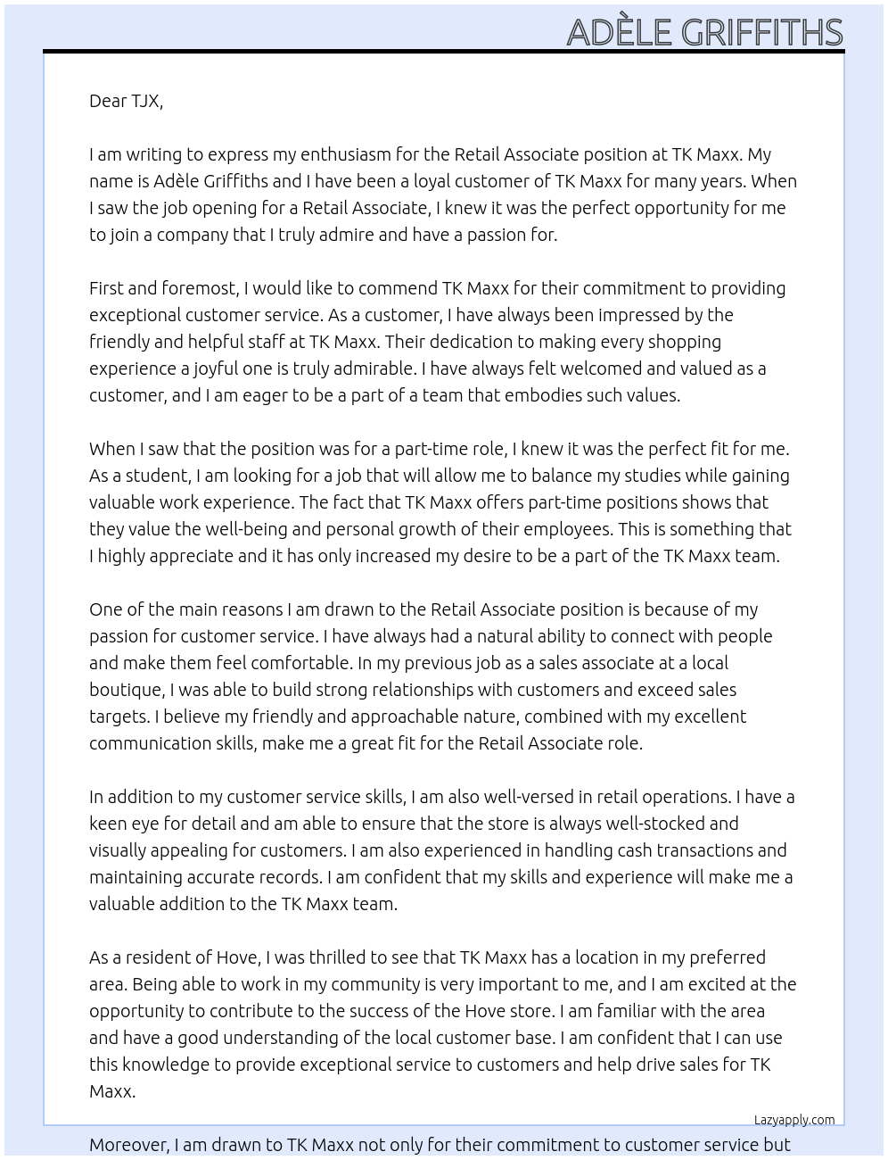 Retail Associate At TK Maxx  Cover Letter
