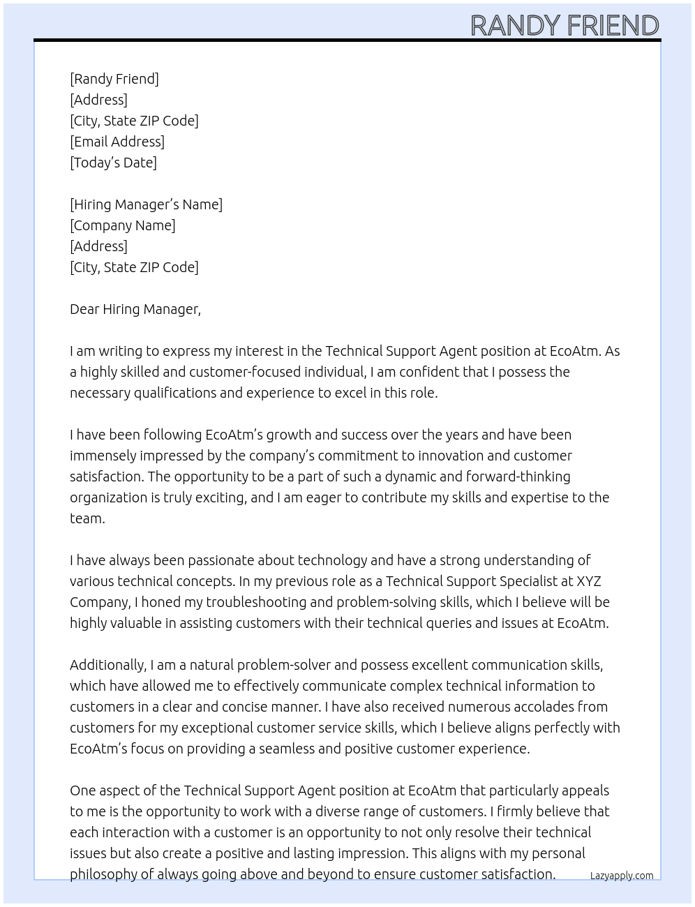 Technical support agent At EcoAtm Cover Letter