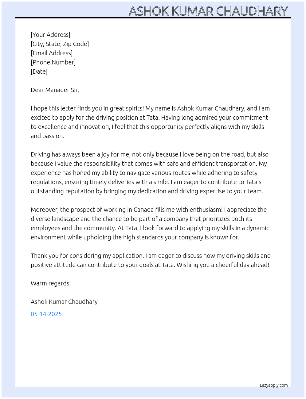 Driving At Tata Cover Letter