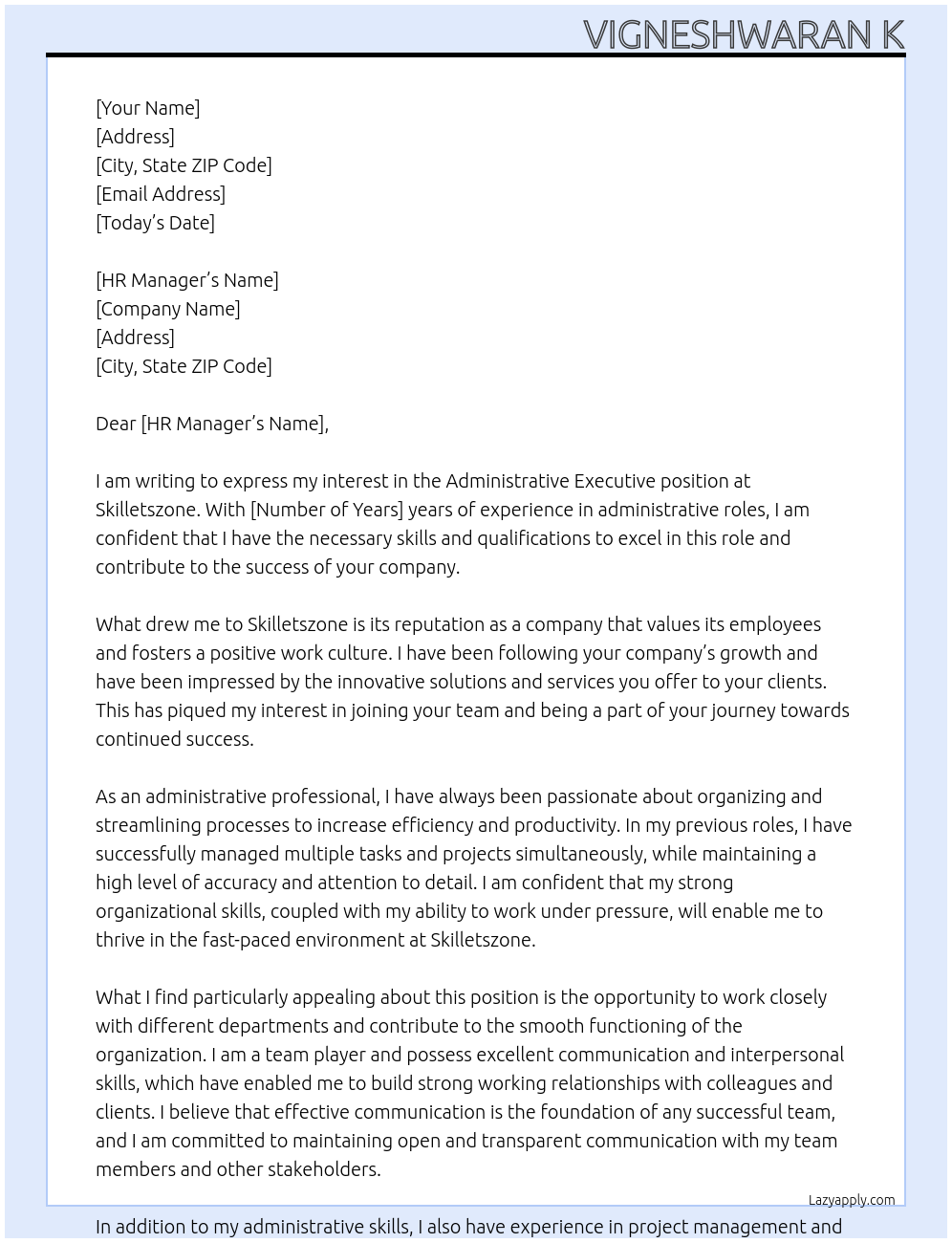 Administrative executive At Skilletszone Cover Letter