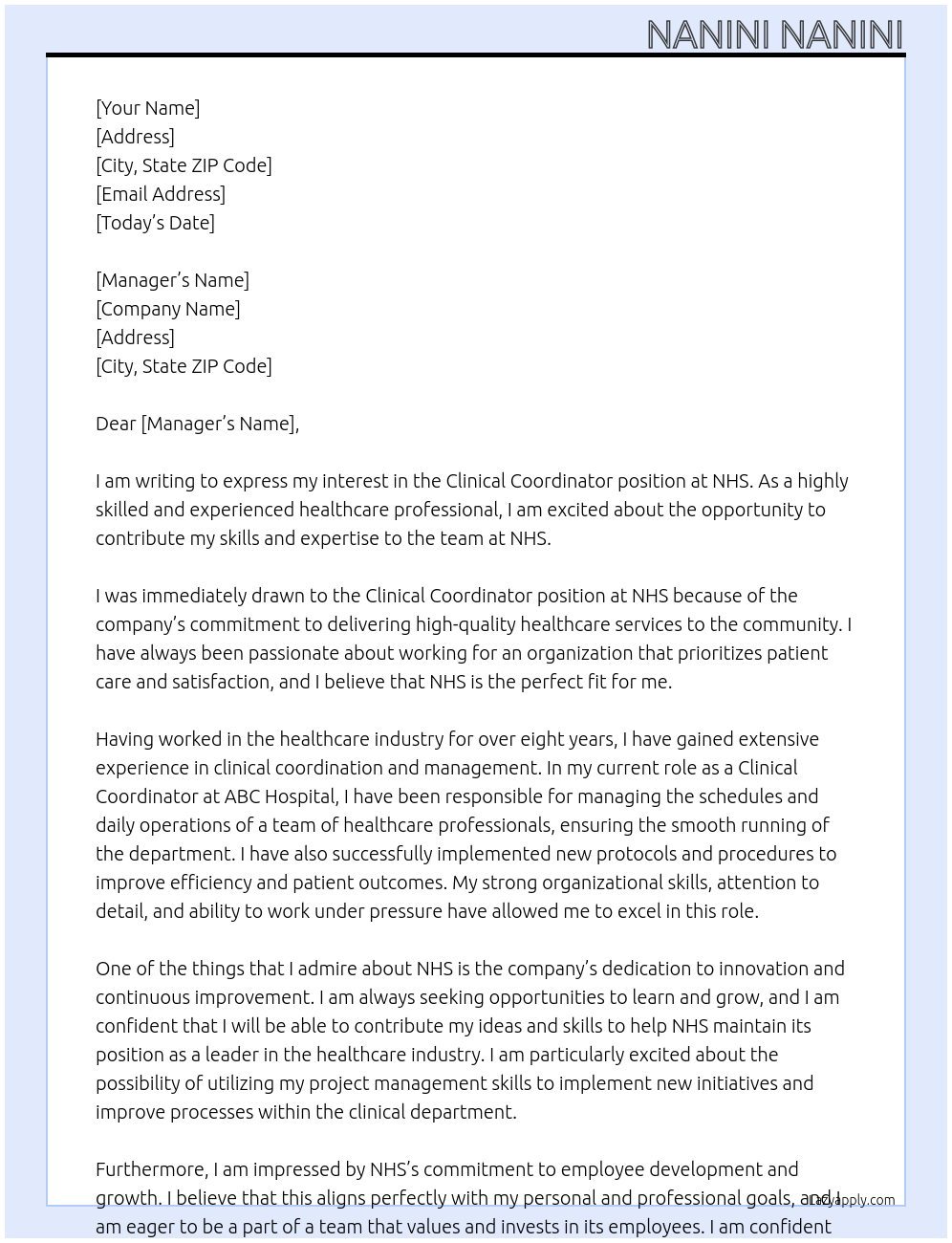 clinical coordinator  At nhs Cover Letter