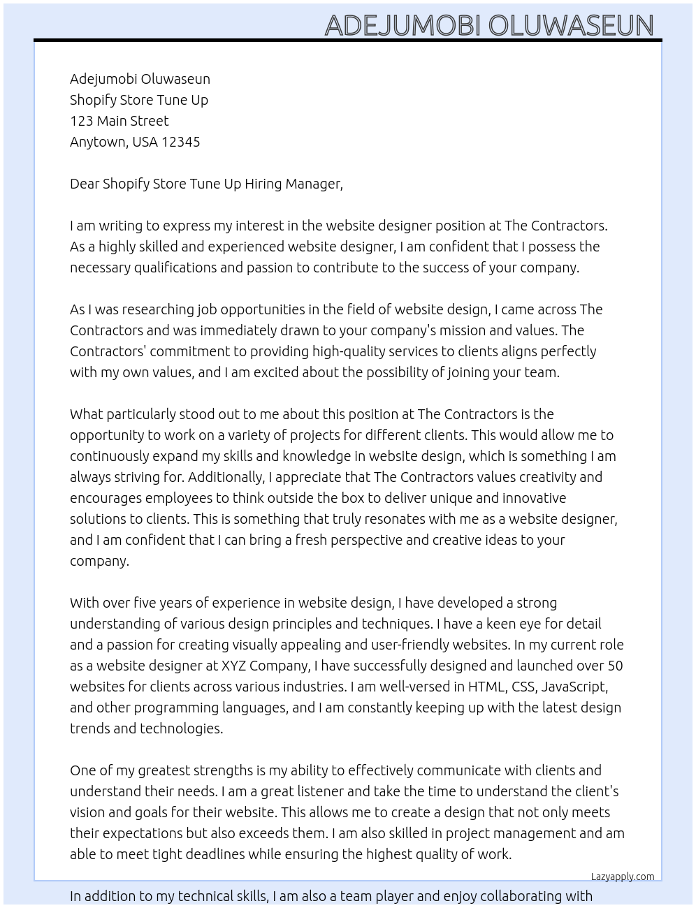 website designer At the contractors Cover Letter