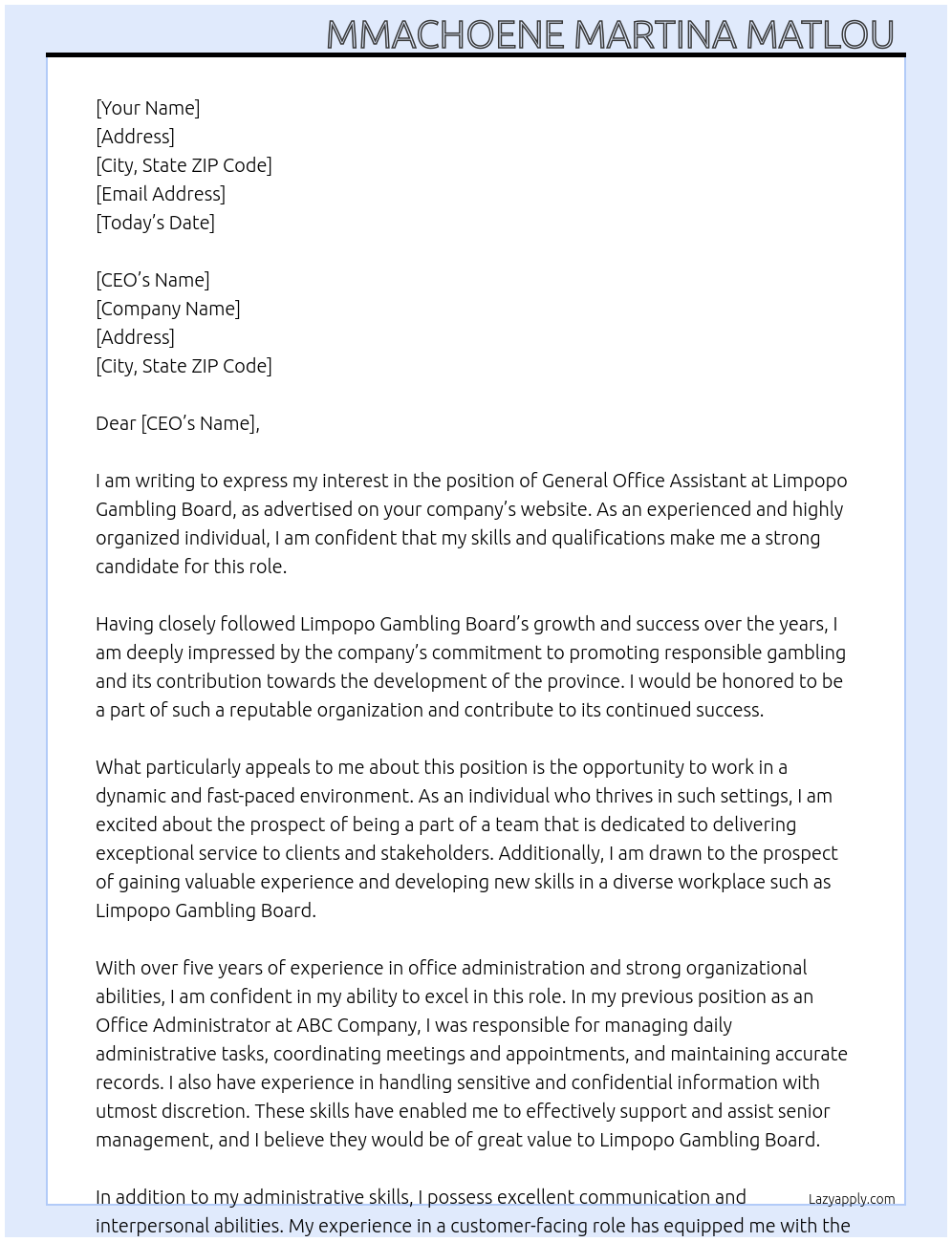General office assistant At Limpopo Gambling Board Cover Letter