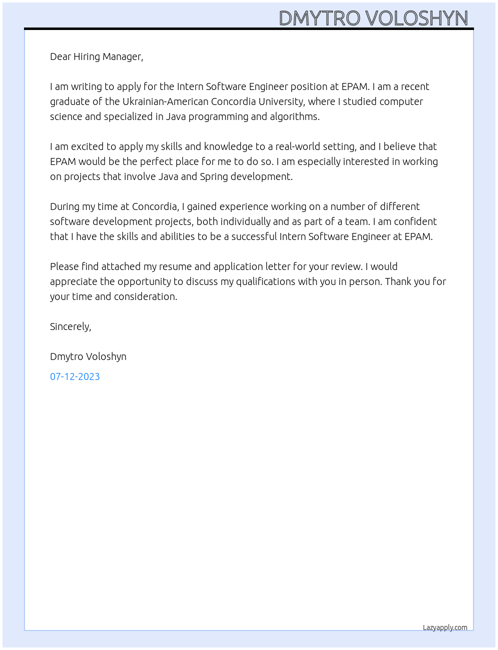 Intern Software Engineer  At EPAM Cover Letter