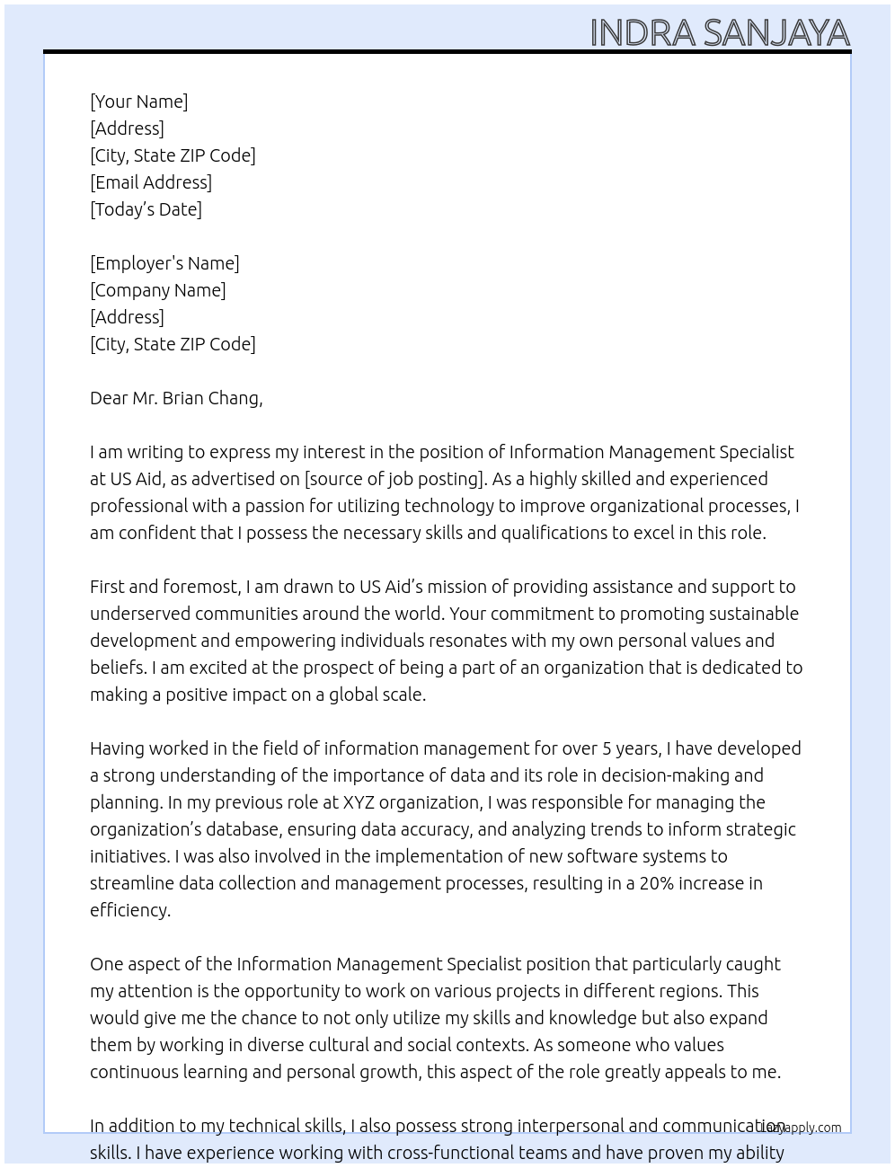 Information Management Specialist At US Aid Cover Letter