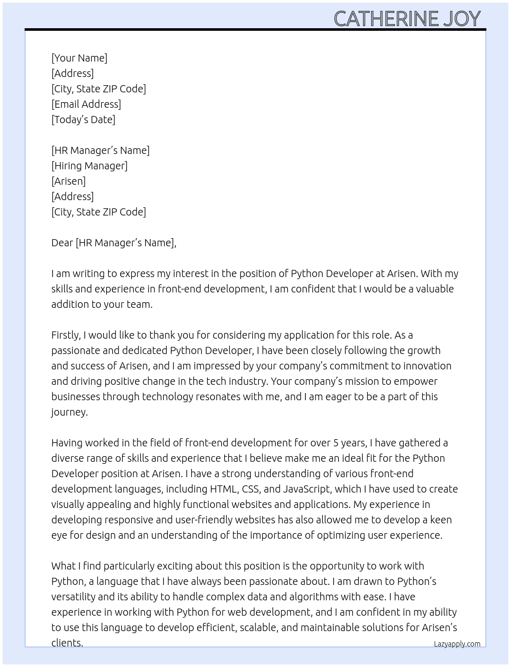 Python Developer At Arisen Cover Letter
