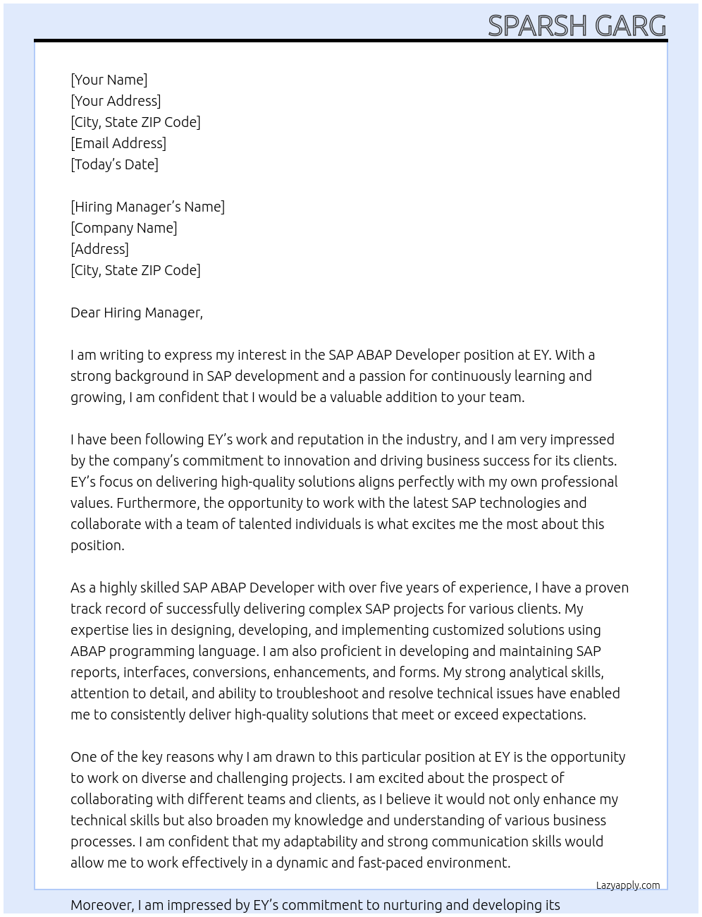 SAP ABAP Developer At EY Cover Letter