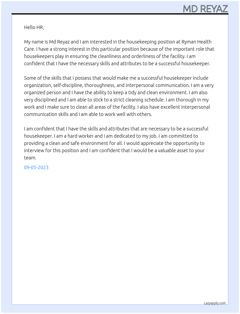 Housekeeper At Ryman Health Care Cover Letter