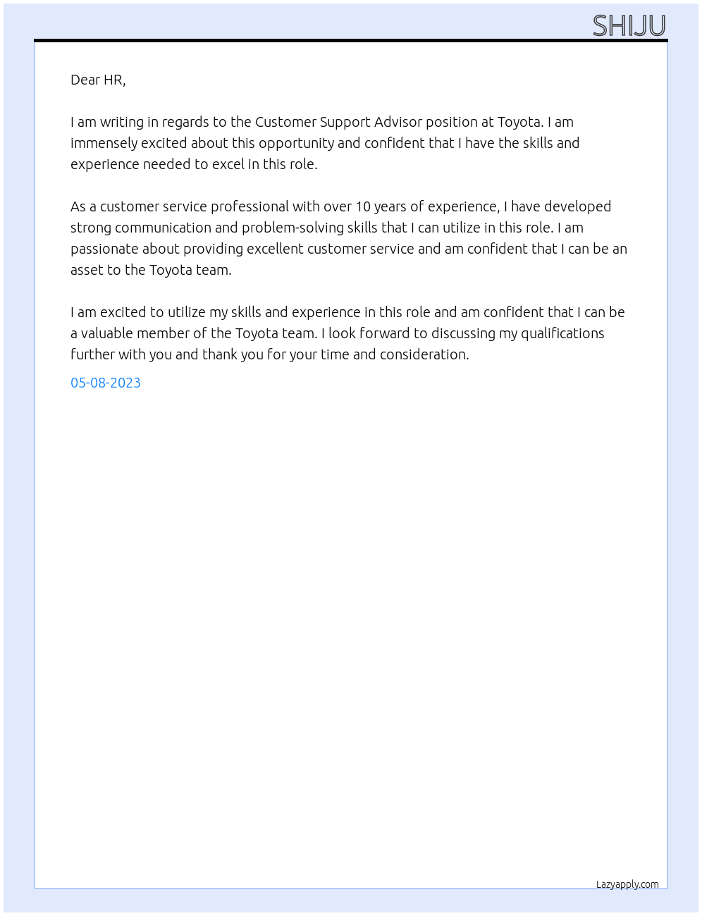 CUSTOMER SUPPORT ADVISOR At TOYOTA Cover Letter