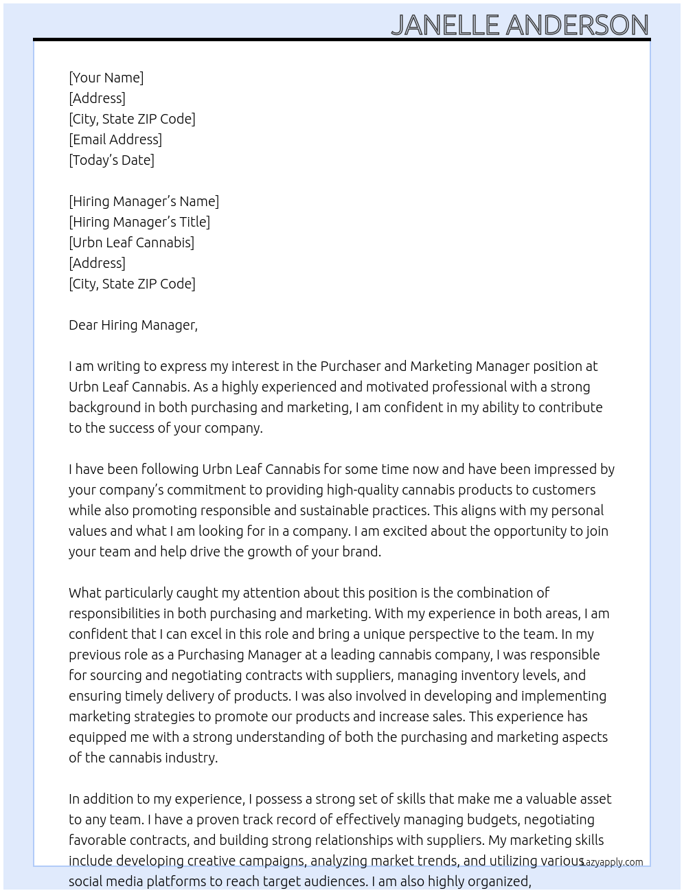 Purchaser and Marketing Manager At Urbn Leaf Cannabis Cover Letter