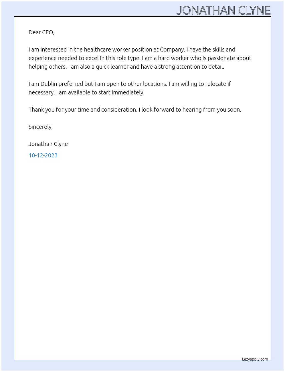 Healthcare worker At Company Cover Letter