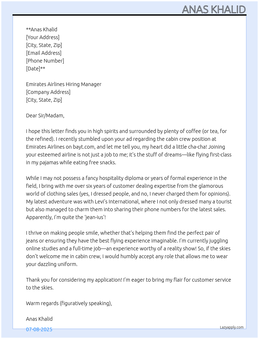 Cabin Crew At Emirates Airlines Cover Letter