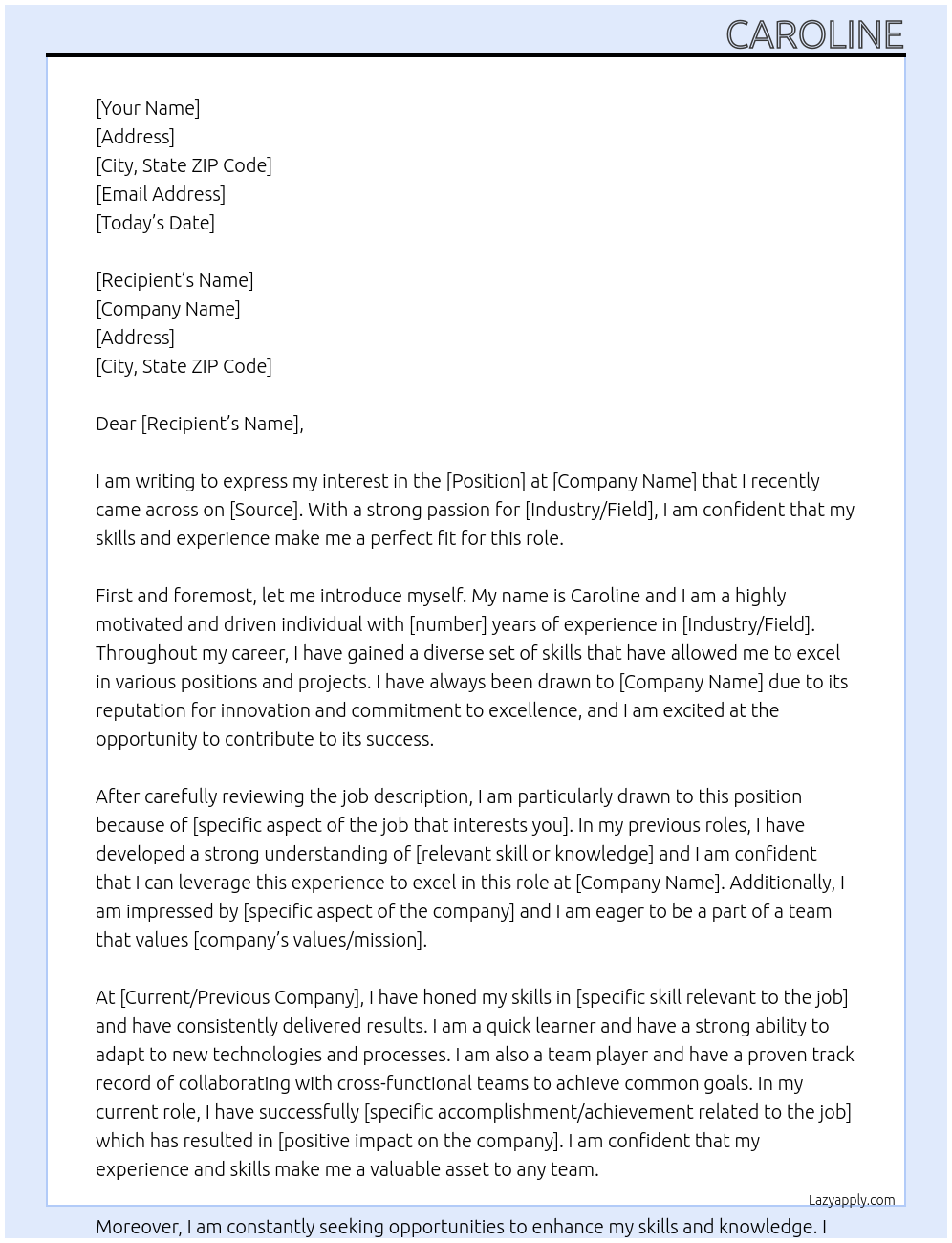 any job  At company Cover Letter