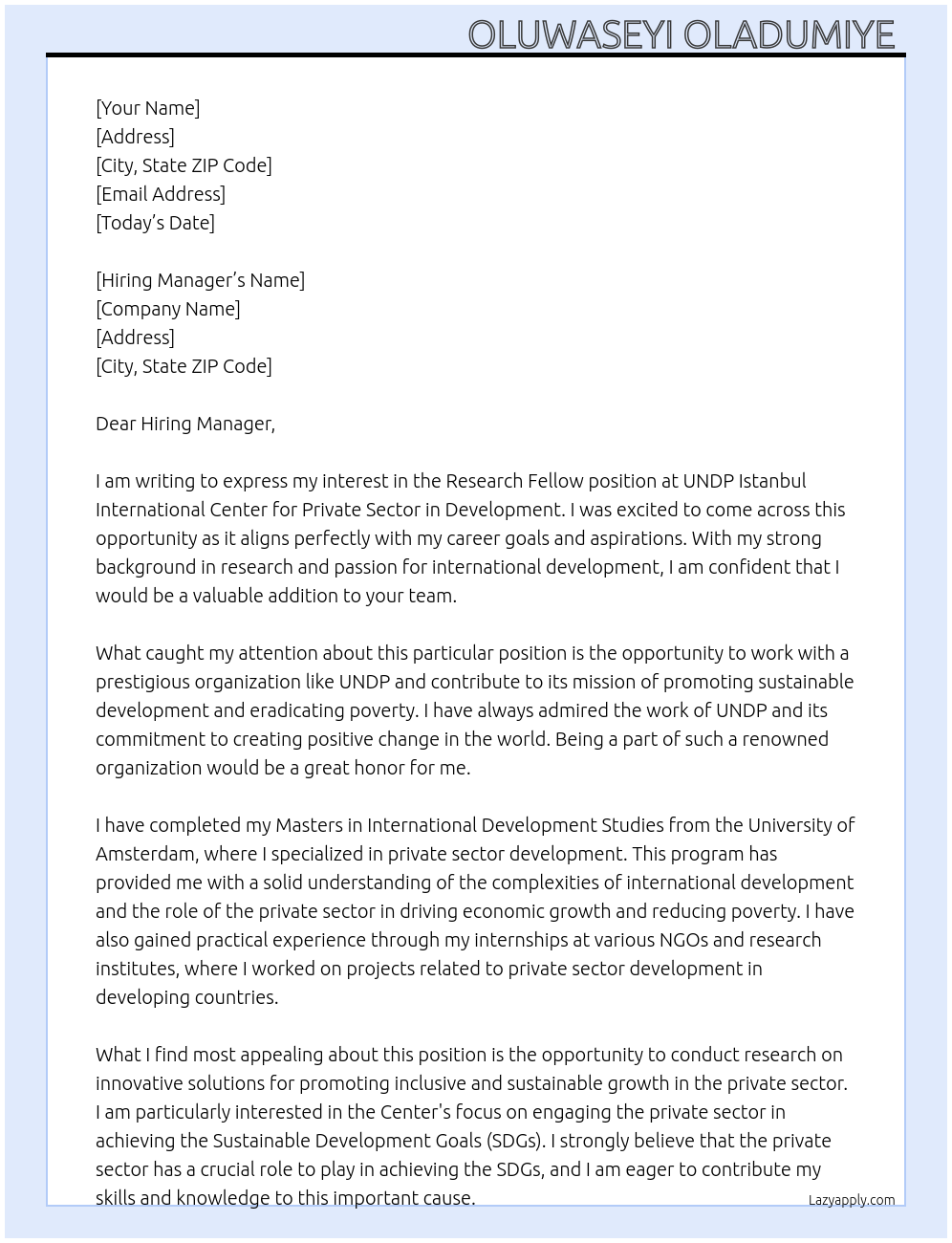 Research Fellow At UNDP Istanbul International Center for Private Sector in Development Cover Letter