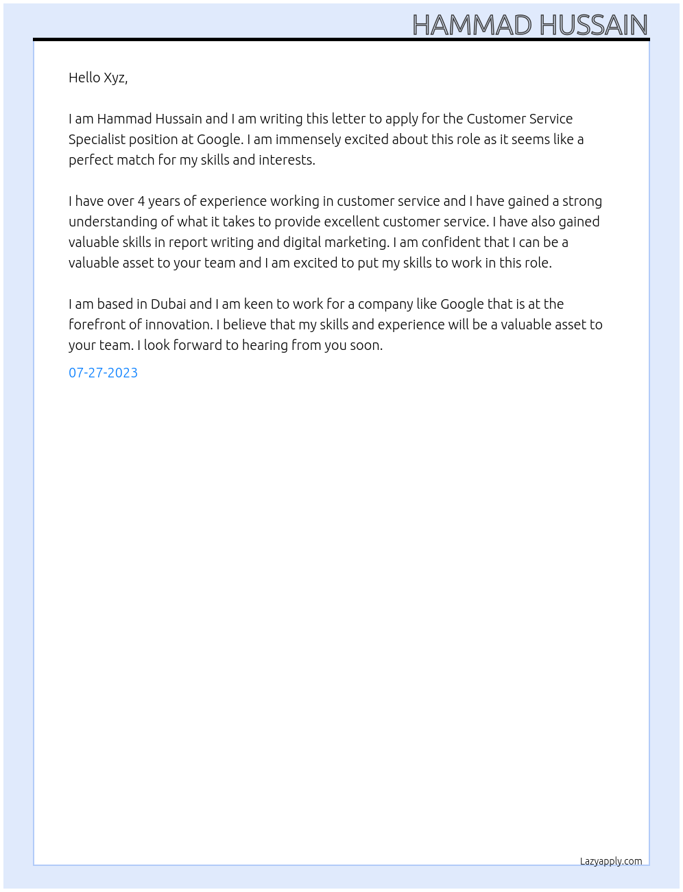Customer Service Specialist At Google Cover Letter