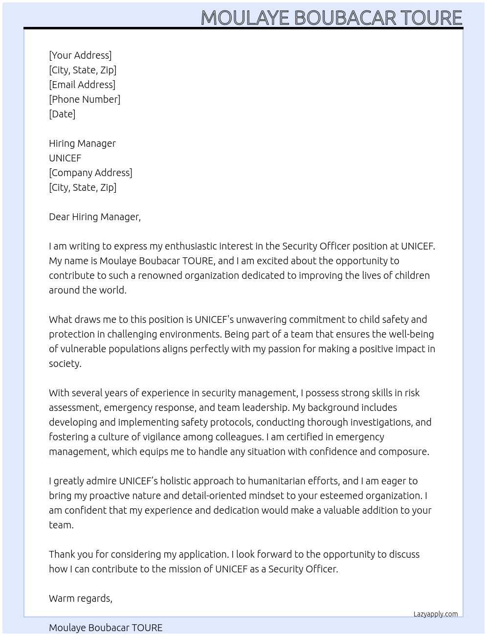 Security Officer At UNICEF Cover Letter